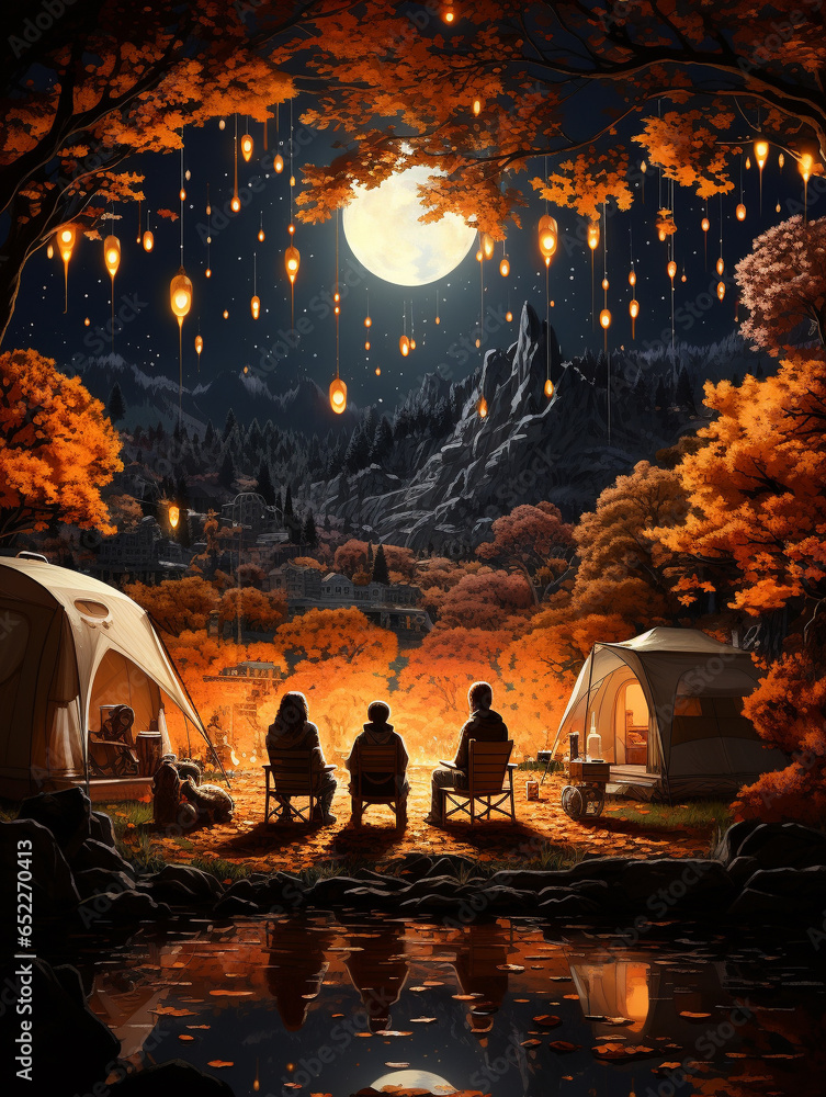A Surreal Illustration of a Family Setting Up a Cozy Campsite Amidst the Fall Backdrop