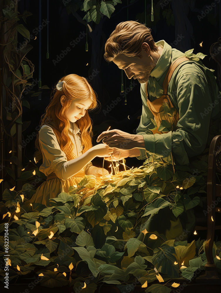 A Surreal Illustration of a Father Teaching His Daughter to Make a Leaf Wreath