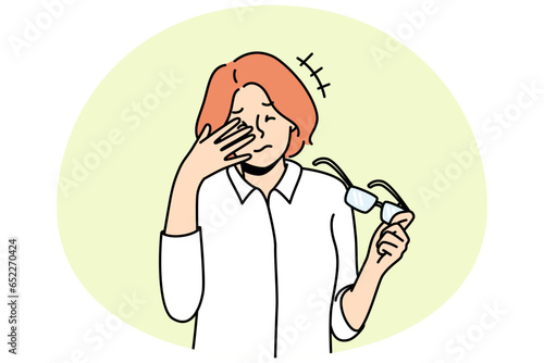 Unhealthy woman take off glasses suffer from migraine. Unwell female struggle with dizziness or blurry vision. Sight problem and healthcare. Vector illustration.