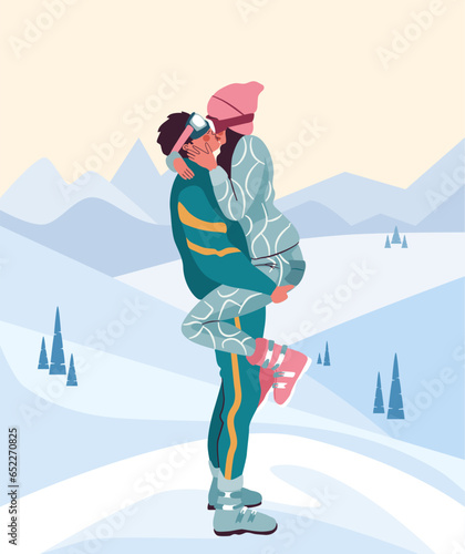 Beautiful romantic couple in winter clothes kissing affectionately. Man and woman in love, having a ski resort date.