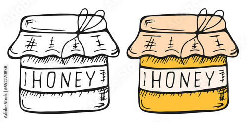 Jar with honey. A pot of honey. Picture for coloring. Vector clipart isolated on white background.