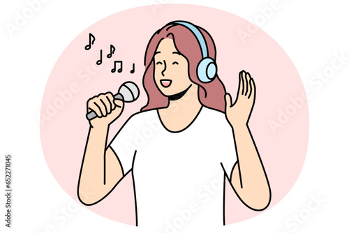 Happy woman in headphones and microphones singing. Smiling girl have fun enjoy karaoke entertainment with mic and earphones. Hobby and music. Vector illustration.