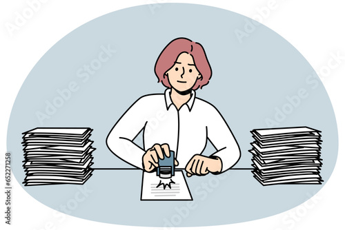 Woman sit at desk stamping documents. Female employee busy with paperwork at workplace. Office job concept. Vector illustration.