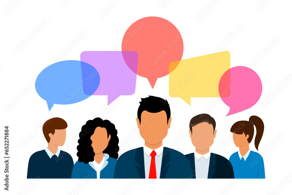 Icons of people with colorful speech bubbles. Business people group chat, business communication concept. Group of people talking with speech bubbles. Businessmen discuss social network, news Icons of people with colorful speech bubbles. Business people group chat, business communication concept. Group of people talking with speech bubbles. Businessmen discuss social network, news