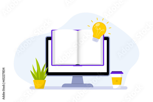 Online education or library, home schooling. Concept e-learning and online courses application. Web courses or tutorials concept. Digital book online education. Vector illustration