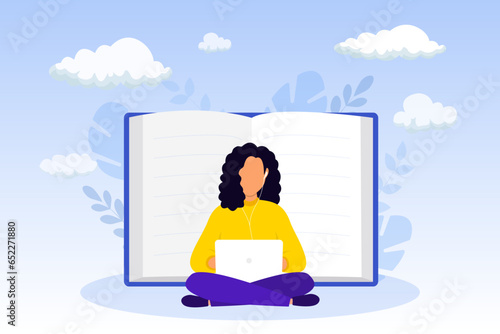 Audiobook. Online library. Woman listening to books online.Concept of online application or media player for listening to digital audiobooks and podcasts. E-learning. Vector illustration
