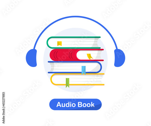 Online library, education. Books library online, headset. Audiobook. Headset with digital online books stack. Listening to e-books. Online application for listening to digital audiobooks