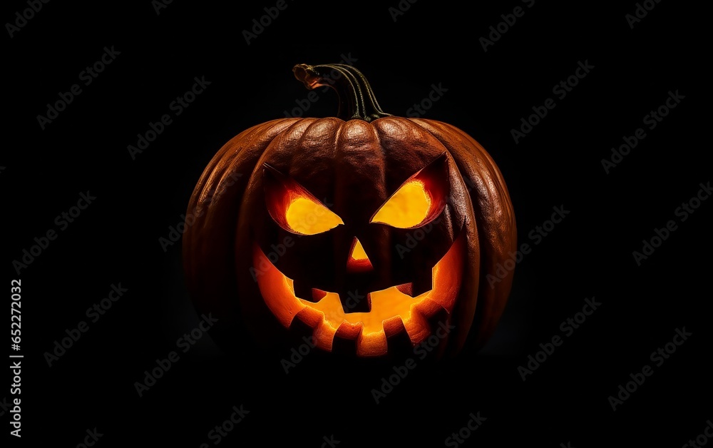 An orange pumpkin with a scary face stands and glows with glowing eyes on a Halloween table. An orange pumpkin with a scary face stands and glows with glowing eyes on a Halloween table.