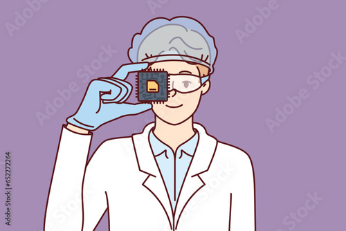 Man computer engineer holding microchip calling for investment in development of semiconductors and processors. Guy in white coat works in laboratory studying semiconductors and printed circuit boards