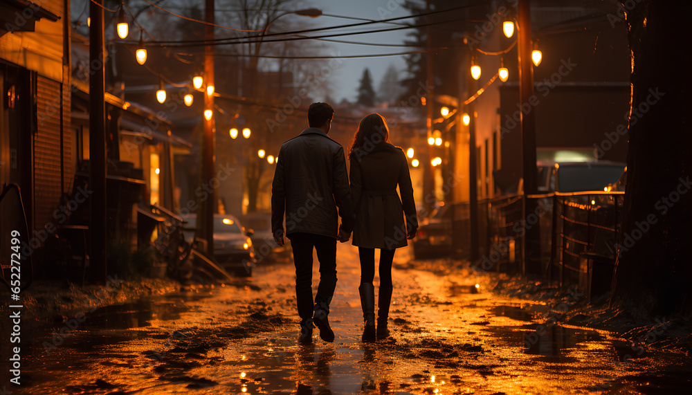 People walking down the street holding hands in the night. Couple holding hands. Man and woman walking in the night. Valentine's Day