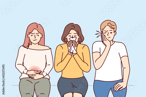 Sick people are waiting in line to see doctor, and need urgent medical treatment and advice from medical practitioner. Man and two women wait long time for free doctor due to lack of health insurance