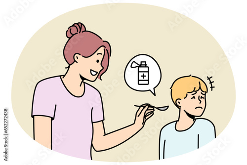 Mother giving unhappy sick child meds. Stubborn ill boy kid refuse taking medications. Children healthcare and medicine. Vector illustration.