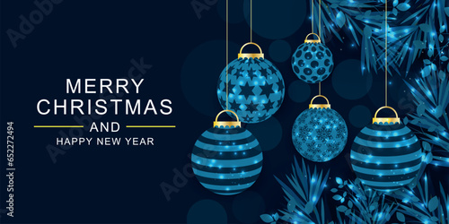 Merry Christmas and new year card with realistic blue ball decoration