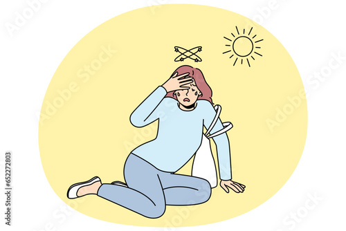 Unhealthy woman fall on ground suffer from heatstroke from hot weather outside. Female feeling bad lose consciousness struggle with heat. Overheat concept. Vector illustration.