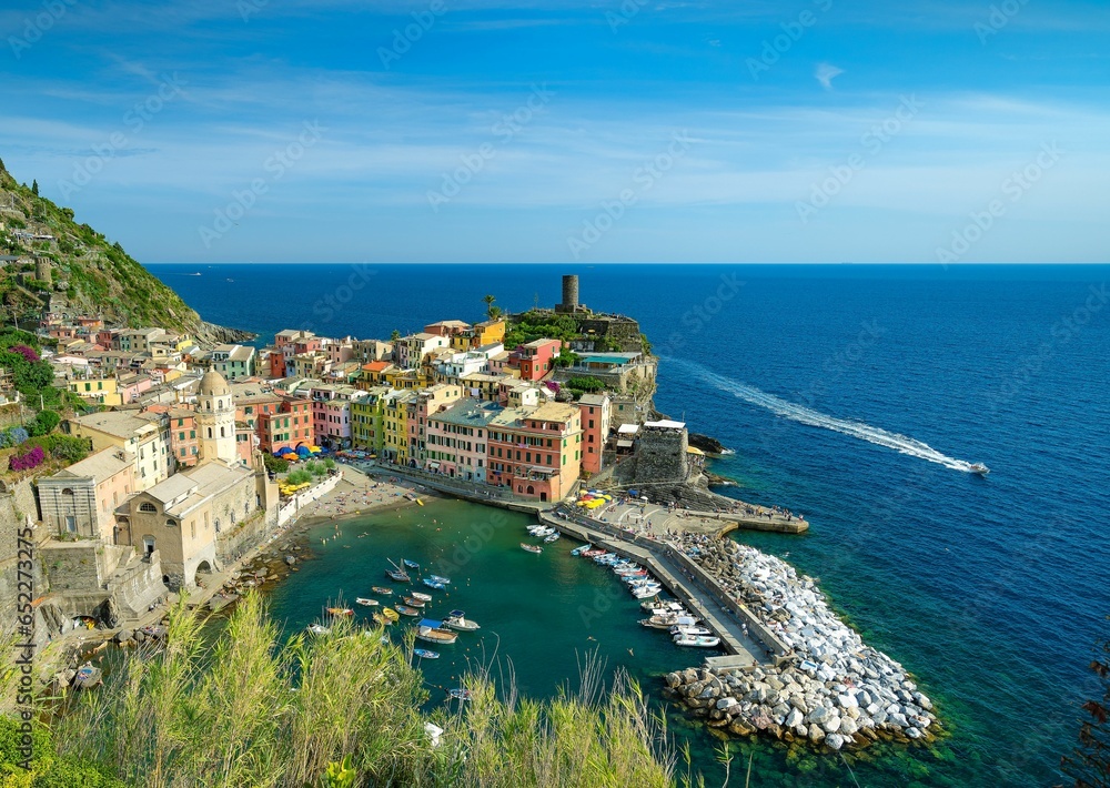 Scenic view of the colorful city of Manarola in the Cinque Terre region of Italy in the afternoon