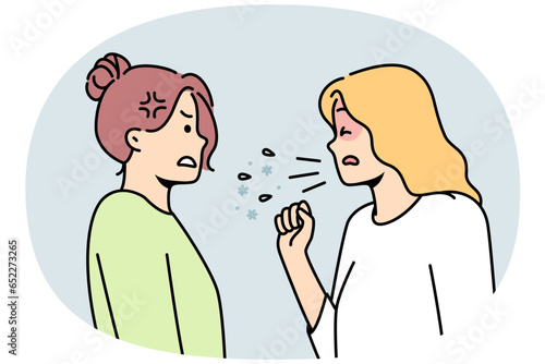 Unhealthy woman cough share disease to friend or colleague. Sick unwell female suffer from covid or cold infect girl standing near. Contagious sickness. Vector illustration.