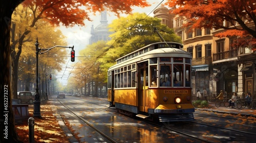  a painting of a trolley on a city street in autumn.  generative ai
