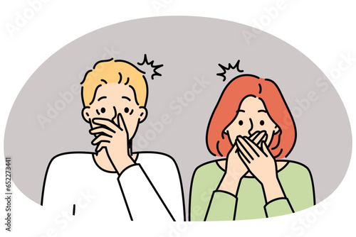 Shocked couple cover mouth stunned by unbelievable news. Amazed man and woman surprised by unexpected message. Vector illustration.