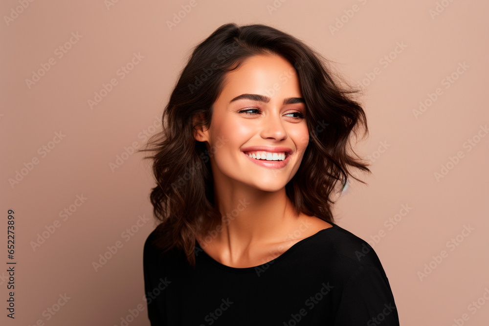 Italian model in black top, smile, pastel light background Italian model in black top, smile, pastel light background