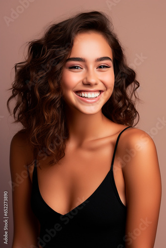 Italian model in black top  smile  pastel light background