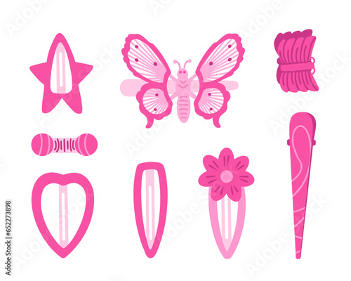 Hairpin set, flower, star and butterfly hairpin, accessories of 2000s. Vector Illustration for background, packaging. Image can be used for greeting card and poster. Isolated on white background.
