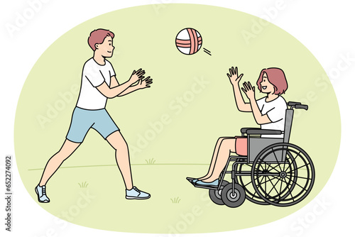 Happy boy playing ball with handicapped girl sitting in wheel chair. Smiling children have fun outdoors. Disability and impairment. Vector illustration.