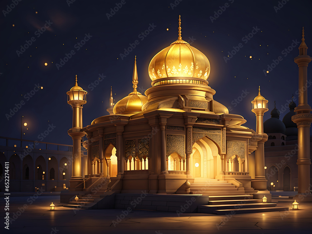 arabic lantern  background illustration,moon light shine through the window into islamic mosque interior
