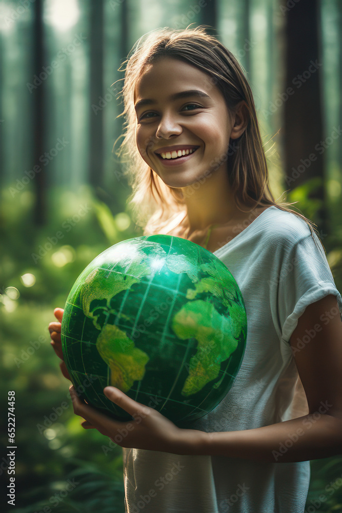 smiling girl next to planet earth, climate change, environment concept, generative AI smiling girl next to planet earth, climate change, environment concept, generative AI
