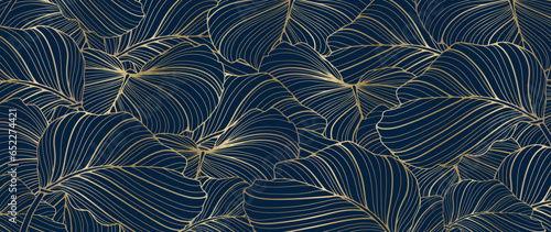Dark blue botanical background with gold leaves. Dark vector background for creating various designs, wallpapers, covers. Picture for publication on social networks.