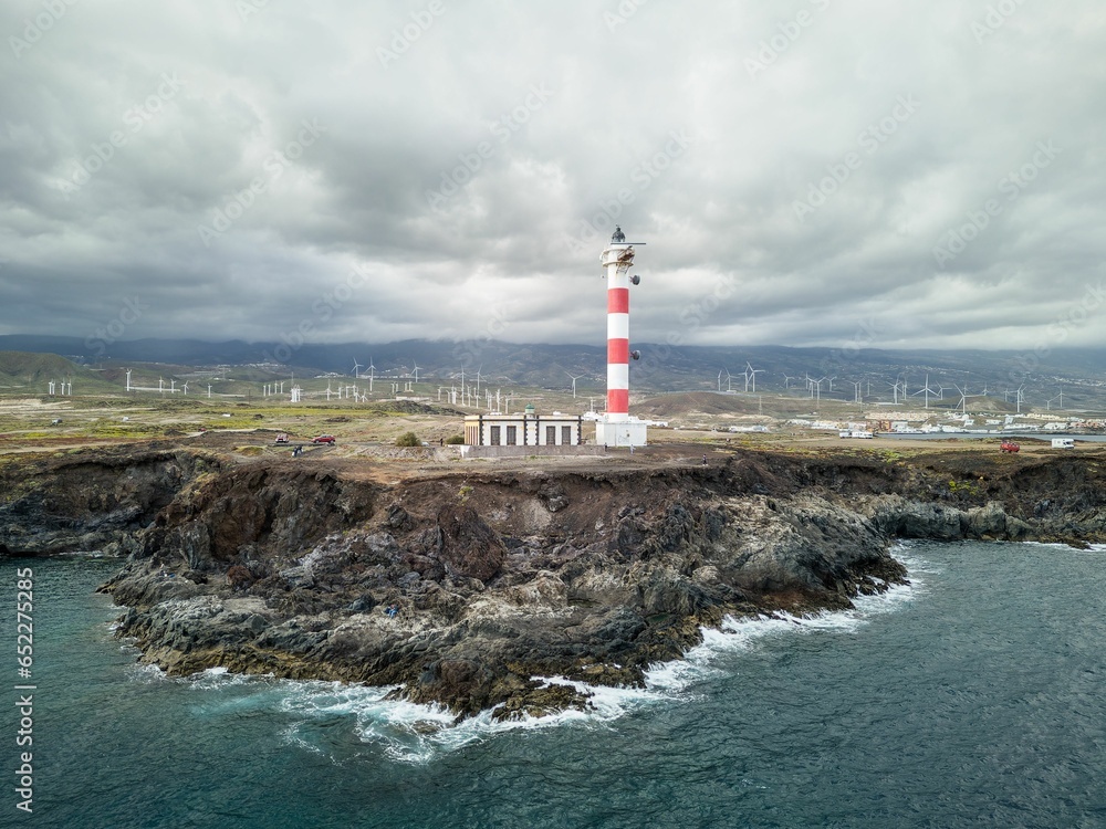 Aerial view of a picturesque lighthouse in El Poris de Abona, a charming coastal village
