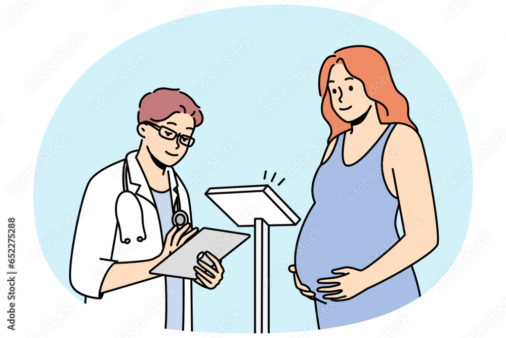 Doctor checking pregnant woman in hospital. Male GP weigh female with pregnancy at appointment in clinic. Healthcare and medicine. Vector illustration. Doctor checking pregnant woman in hospital. Male GP weigh female with pregnancy at appointment in clinic. Healthcare and medicine. Vector illustration.