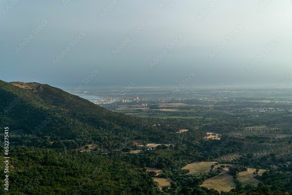 Aerial landscape of green forested hill