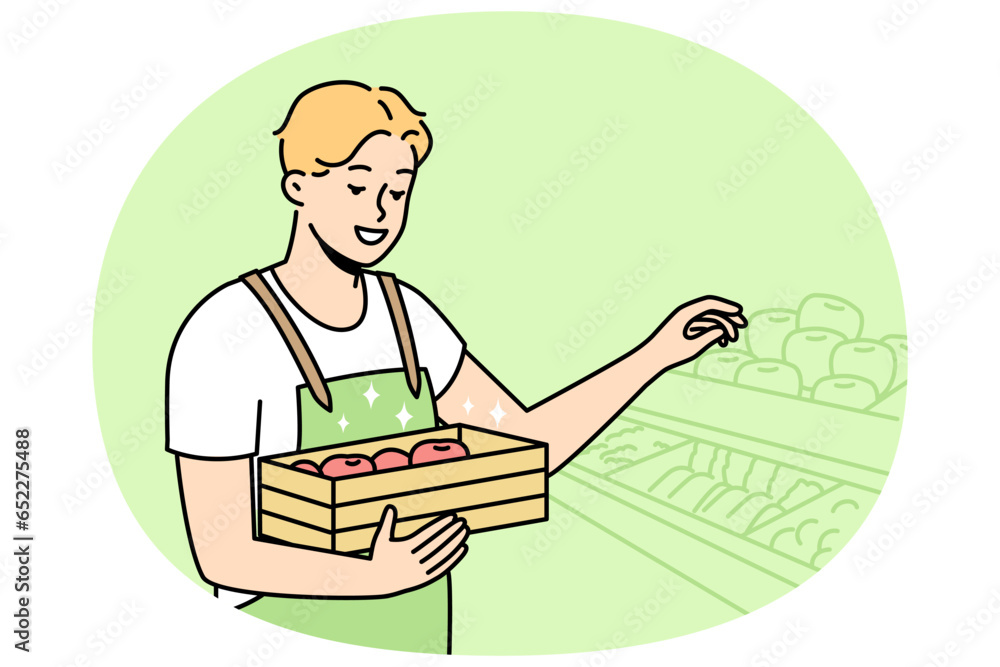 Man in uniform working in supermarket. Male employee busy in fruit shop or store. Occupation. Vector illustration. Man in uniform working in supermarket. Male employee busy in fruit shop or store. Occupation. Vector illustration.