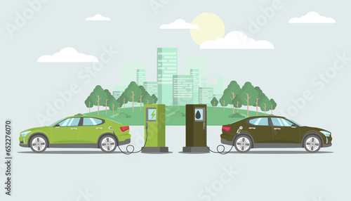 Vector illustration comparing electric versus gasoline car. Electric car charging at charger station vs. fossil car refuel petrol gas station. City skyline in the background. Fluid shape modern style.