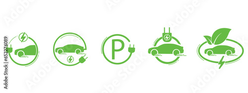 Electric car with plug icon symbol, EV car, Green hybrid vehicles charging point logotype, Eco friendly vehicle concept, Vector illustration