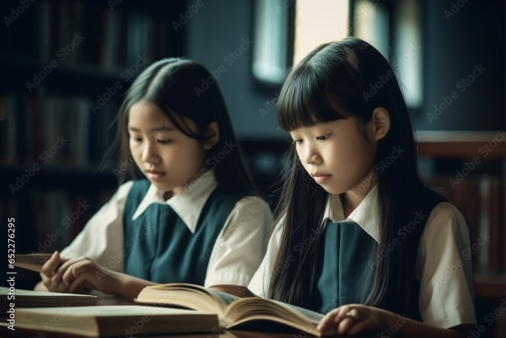 Asian girls smiling at school. Generative Ai Asian girls smiling at school. Generative Ai