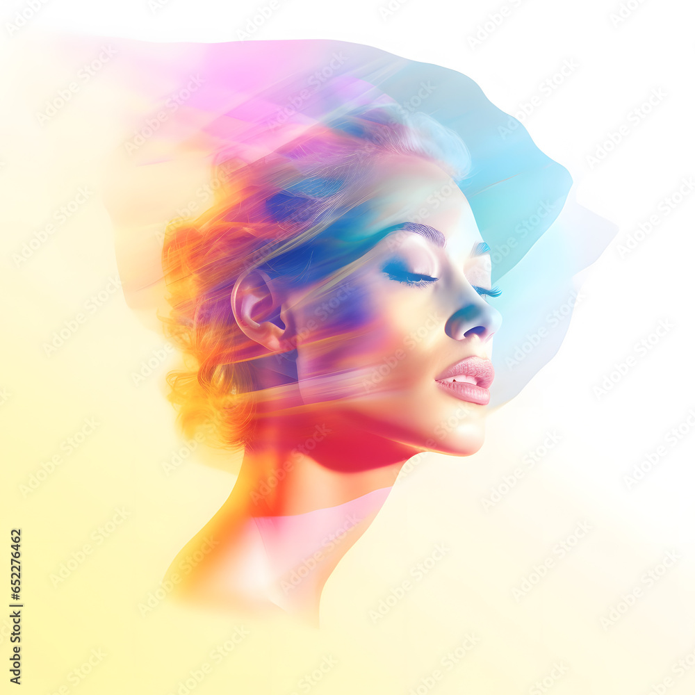 Colored face of the beautiful woman on the pink and pastel background. Abstract minimal beauty concept