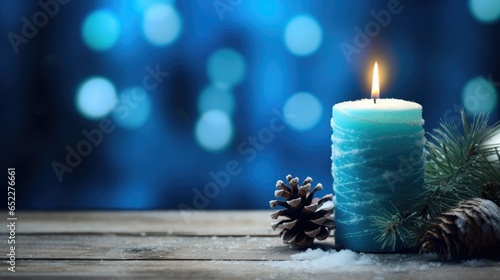 blue Christmas candle on rustic wooden boards - Decoration with natural elements, twigs, pine cones and cookies - First Advent Sunday , Advent banner, panorama with magic bokeh lihgts- generative AI photo