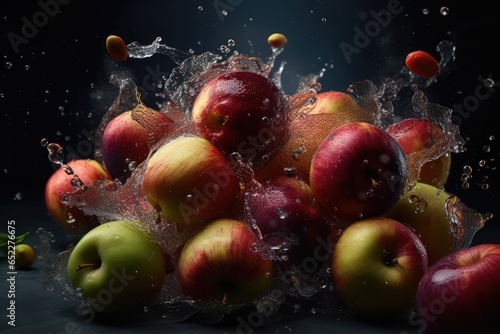 Apples Fall Down with Water Splashes  Abstract Generative AI Illustration