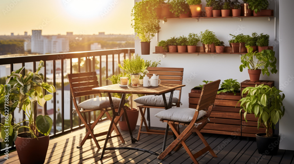 Obraz premium Multi-functional Spaces: A balcony space that serves as a mini-garden, relaxation nook, and outdoor dining area. Suspended planters, a fold-out table, and stackable chairs