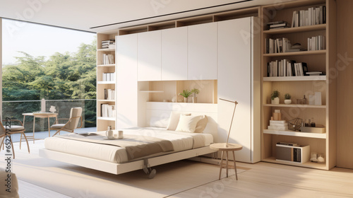 Multi-functional Spaces: A compact studio space that seamlessly integrates a bedroom, workspace, and living area. A murphy bed, Modular furniture © GustavsMD