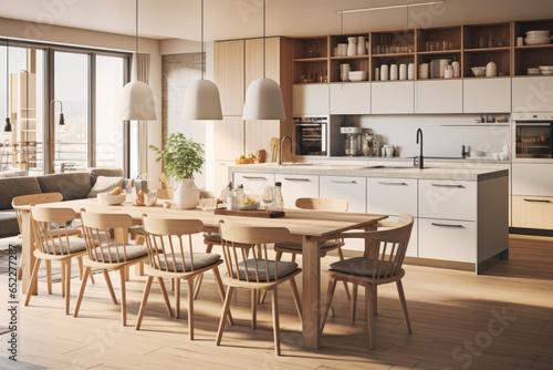 Multi-functional Spaces: An open-plan kitchen that flows into a dining area. The central island doubles as a breakfast bar and workspace. Foldable chairs and an extendable table