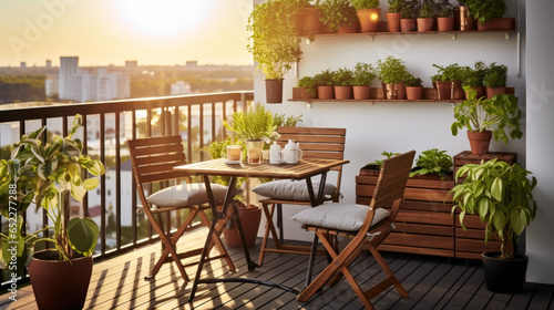 Multi-functional Spaces  A balcony space that serves as a mini-garden  relaxation nook  and outdoor dining area. Suspended planters  a fold-out table  and stackable chairs