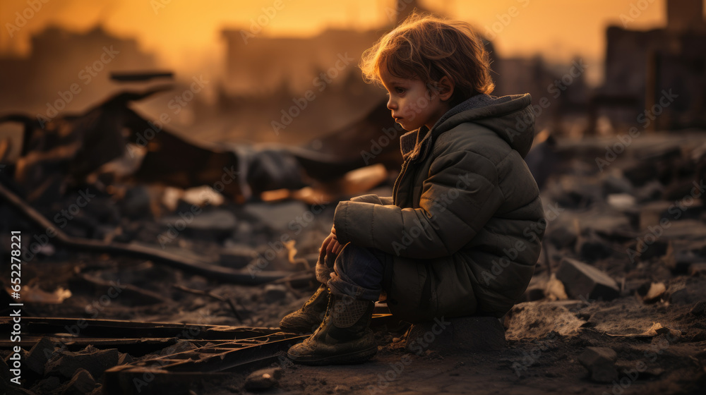 Child on derbis of destroyed city, post apocalypse kid standing in the