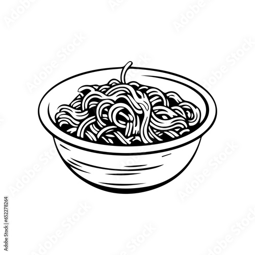 Italian pasta. Spaghetti on a plate, fork with spaghetti Vector vintage black engraving isolated on a white background. A hand-drawn design element for the menu. Vector illustration	