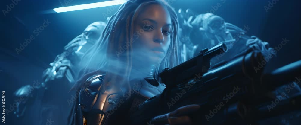Portrait of cyberpunk female soldier of future in futuristic combat armour suit guards entrance to spaceship. Steampunk, dystopian. Anamorphic 4k footage Portrait of cyberpunk female soldier of future in futuristic combat armour suit guards entrance to spaceship. Steampunk, dystopian. Anamorphic 4k footage