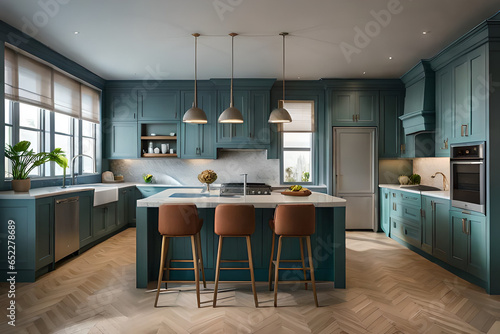 Luxury modern and vintage turquoise interior. Marble kitchen island with wooden chockers.