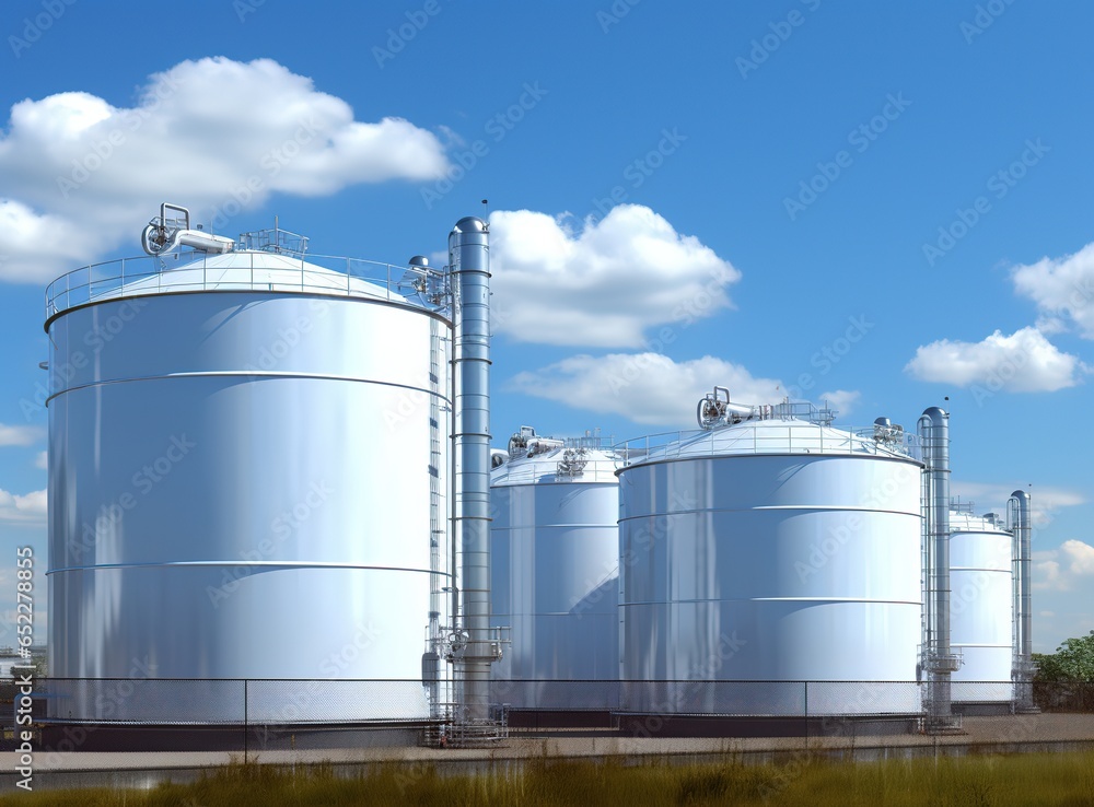 Group of white storage fuel tanks in oil industrial area against on blue sky background, technology storage product Generative AI Group of white storage fuel tanks in oil industrial area against on blue sky background, technology storage product Generative AI