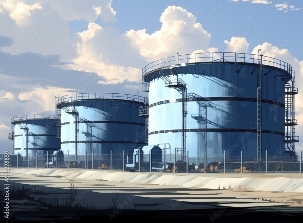 Steel storage fuel tanks in oil industrial area against on blue sky background technology storage product, drawing Generative AI