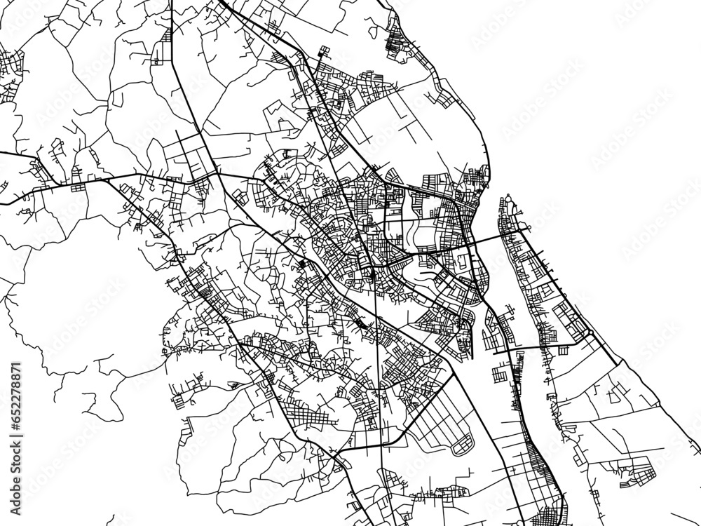 Vector road map of the city of  VNM GJong Hoi in Vietnam with black roads on a white background.